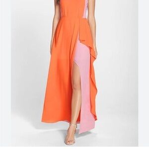 BCBGMaxAzria Asymmetrical Orange Pink Dress Scarleta Gown color block 12 maxi‎